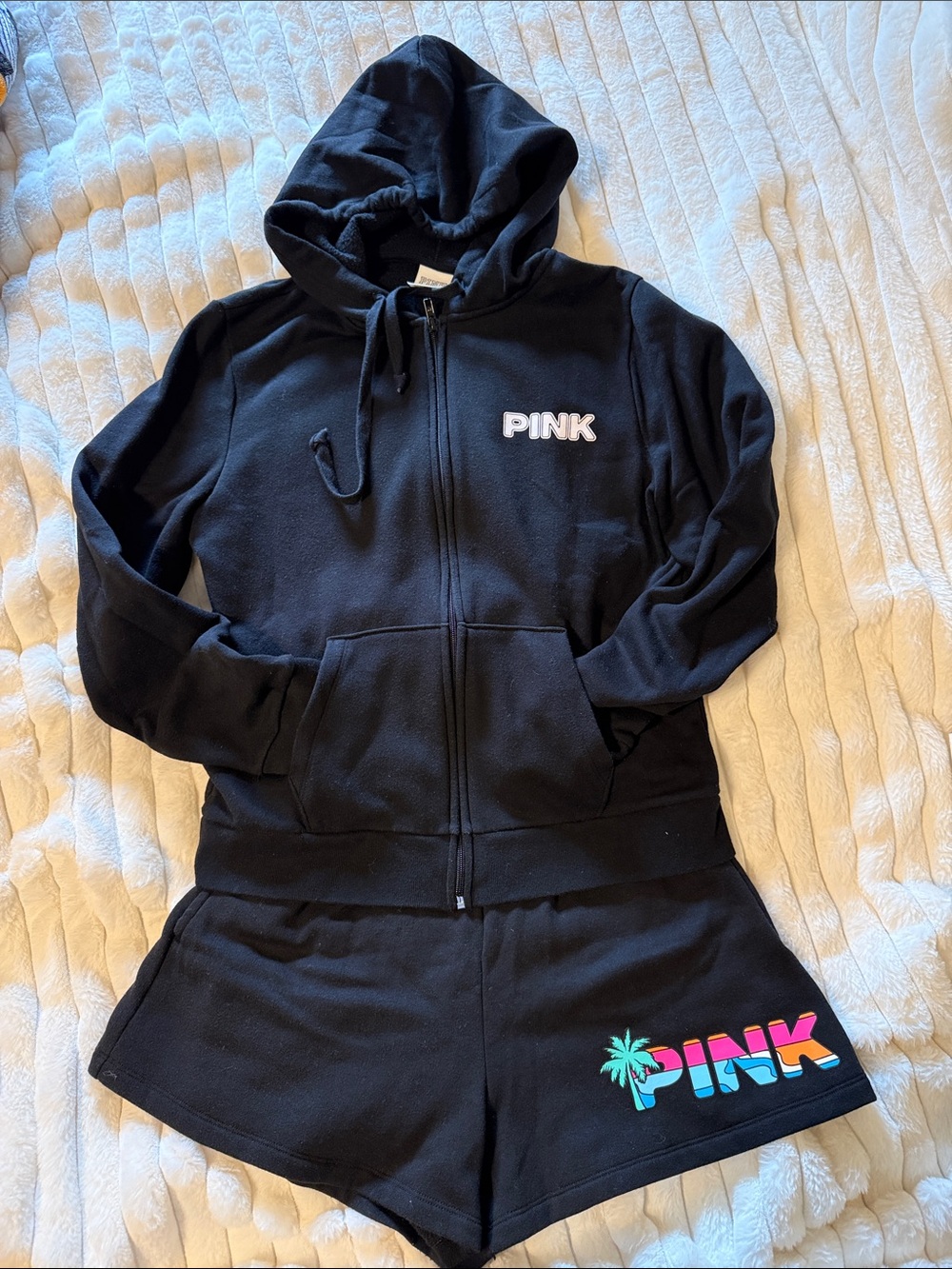 PINK Graphic Hoodie with Sunset Palm graphic and matching short set